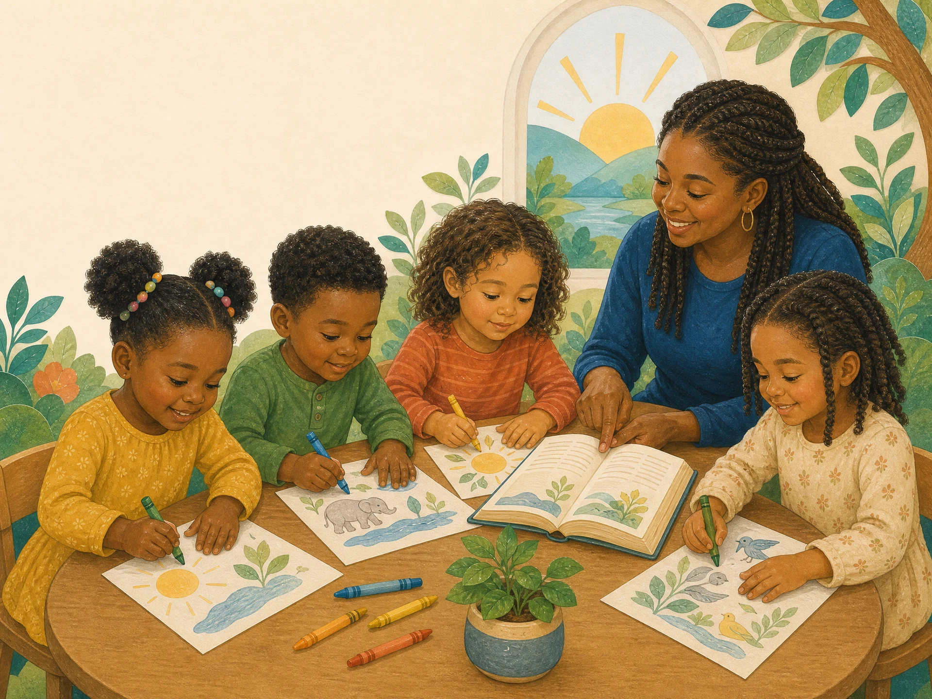 Diverse young children with natural curls, braids, twists, and beads enjoying a Bible and Creation coloring activity with a caring adult