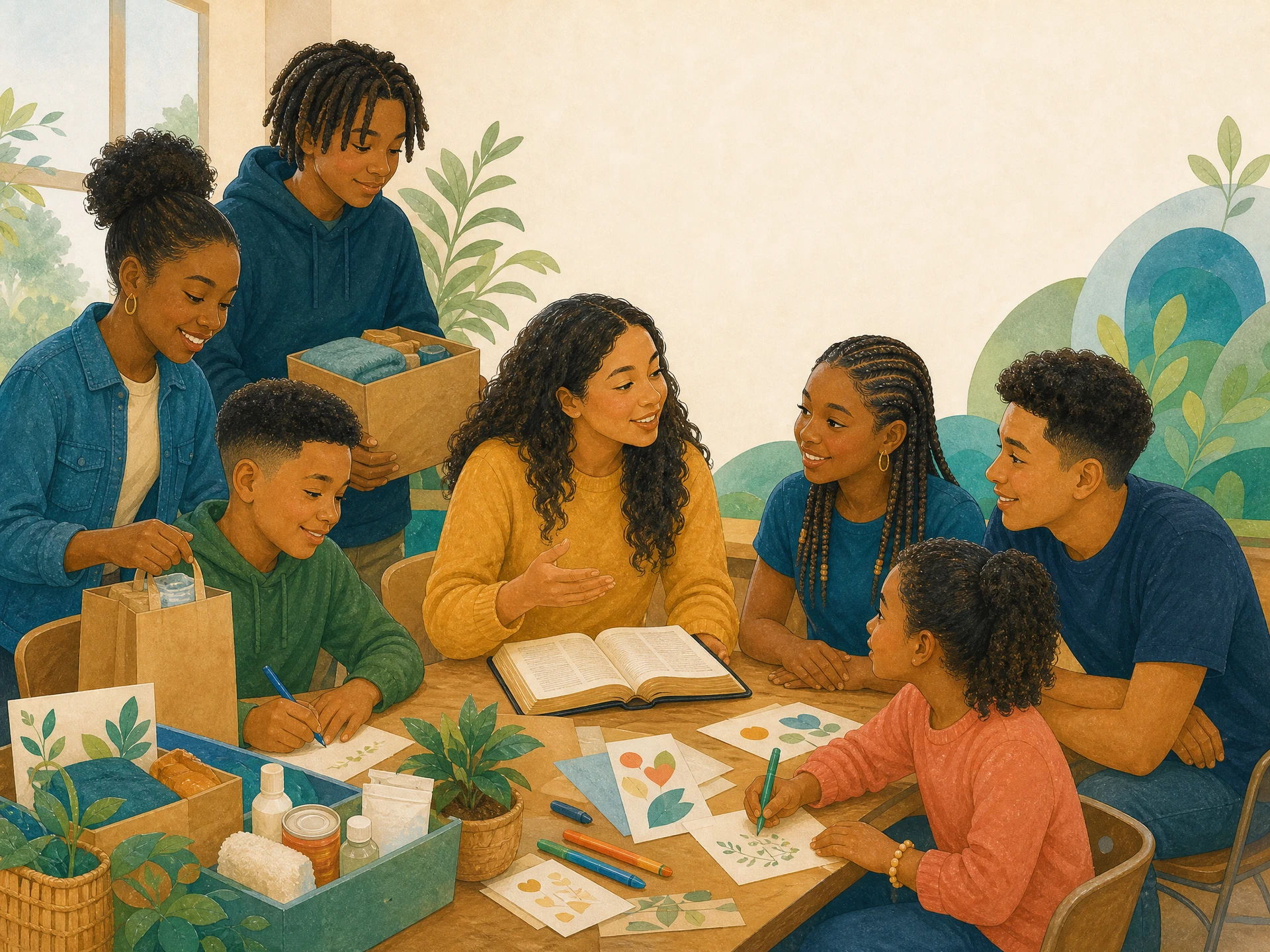Diverse preteens and teenagers with curls, twists, braids, locs, and varied skin tones serving together and discussing the Bible with a mentor