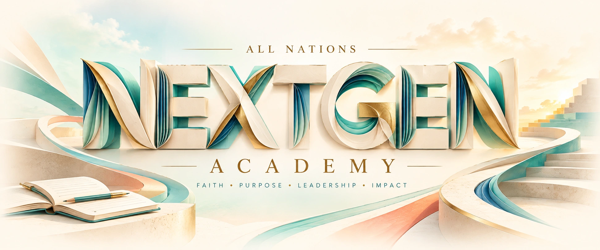 All Nations NextGen Academy in sculpted ivory, teal, and gold lettering; Faith, Purpose, Leadership, Impact